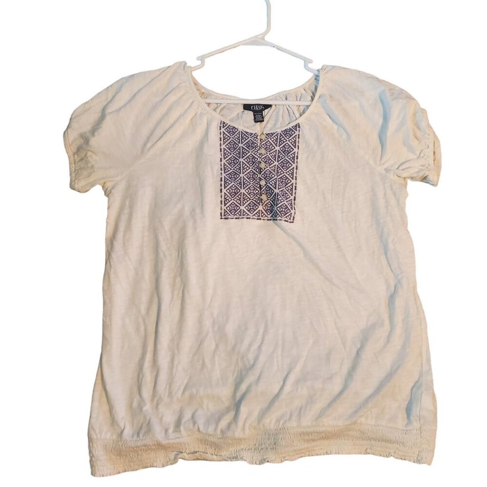 Chaps Women's White and Blue Button Up Blouse Cottagecore Boho Hippie Coastal